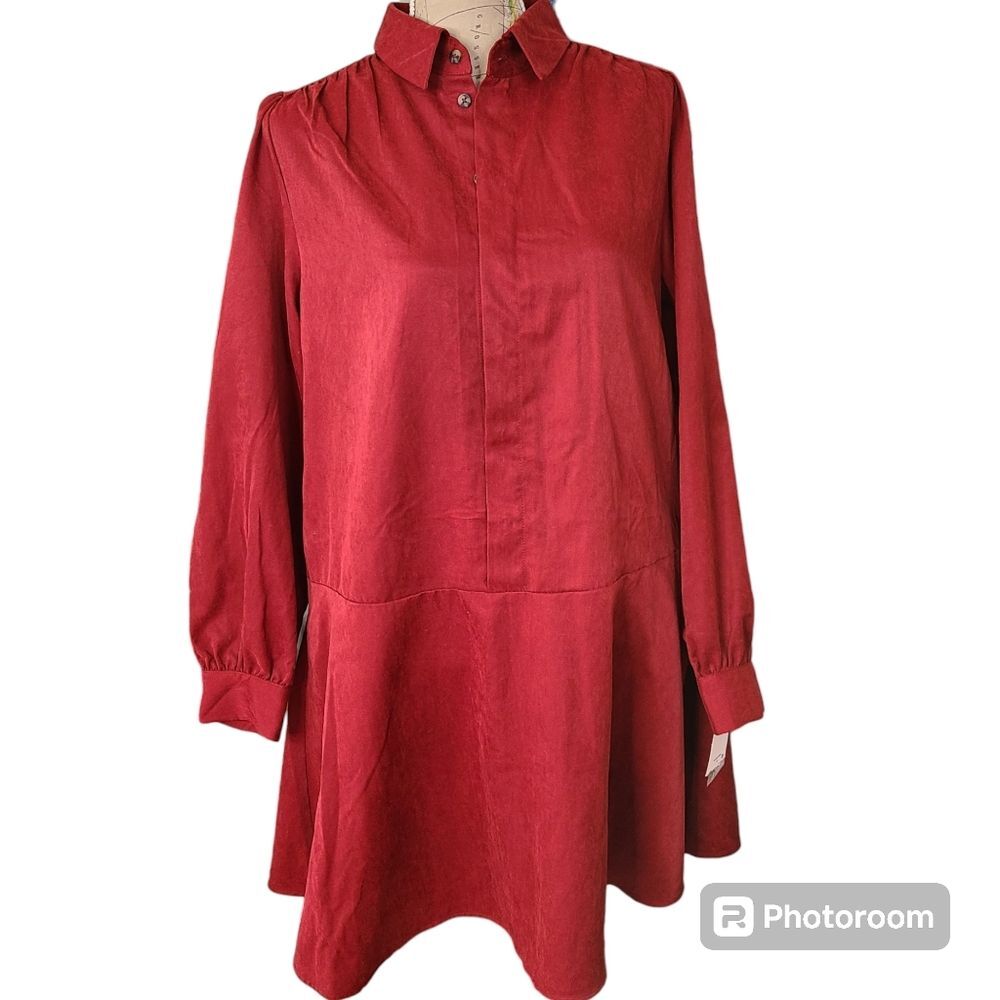 NWT Ophelia Roe Size Medium Red Drop Waist Relaxed Fit Long Sleeve Shirt…